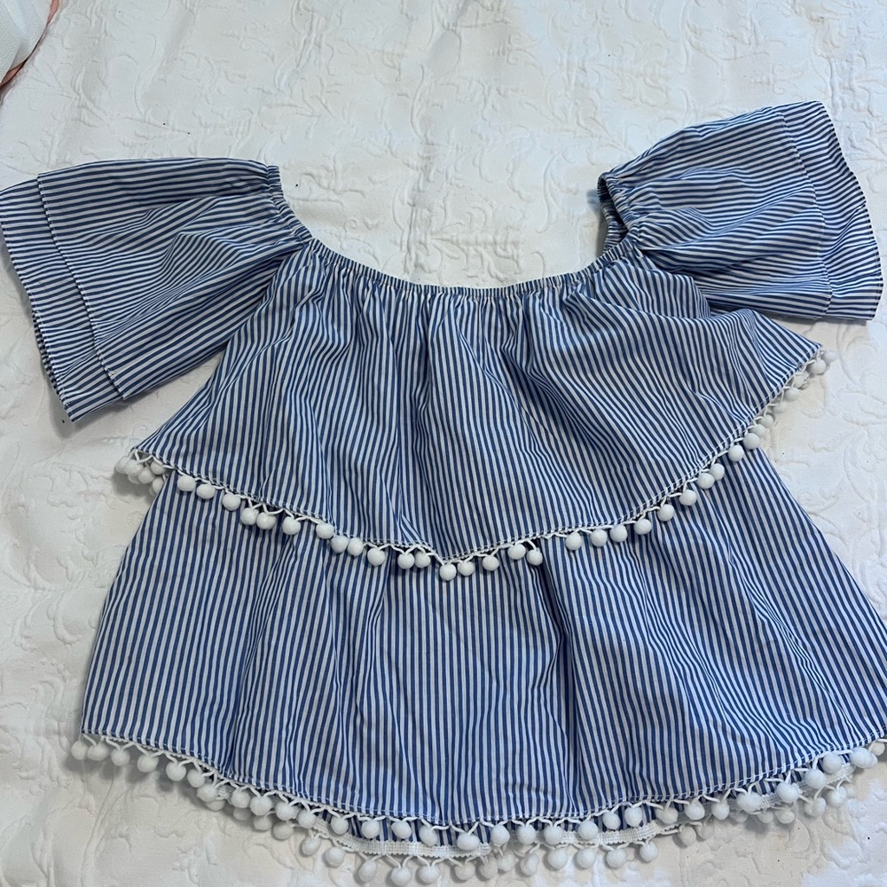 NWT Buddy Basics Blue & White Striped Off Shoulder Top w/ Pom Pom Trim, Size L